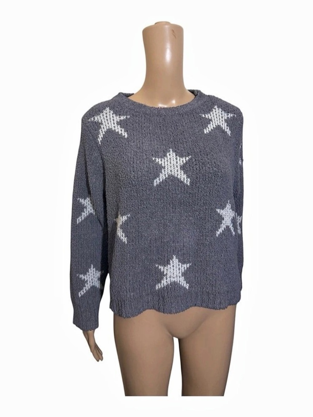 POL Star Knit Crewneck Sweater in Gray & White Large